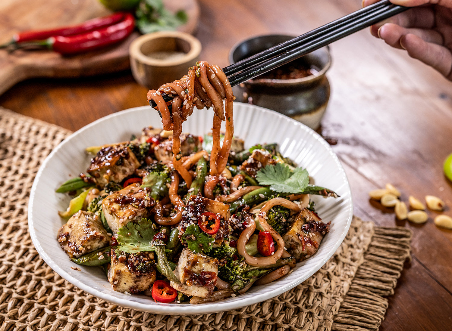 Peanut, udon noodle and tofu bowl