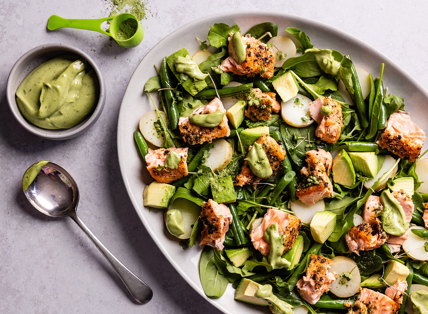Seared salmon on potato salad