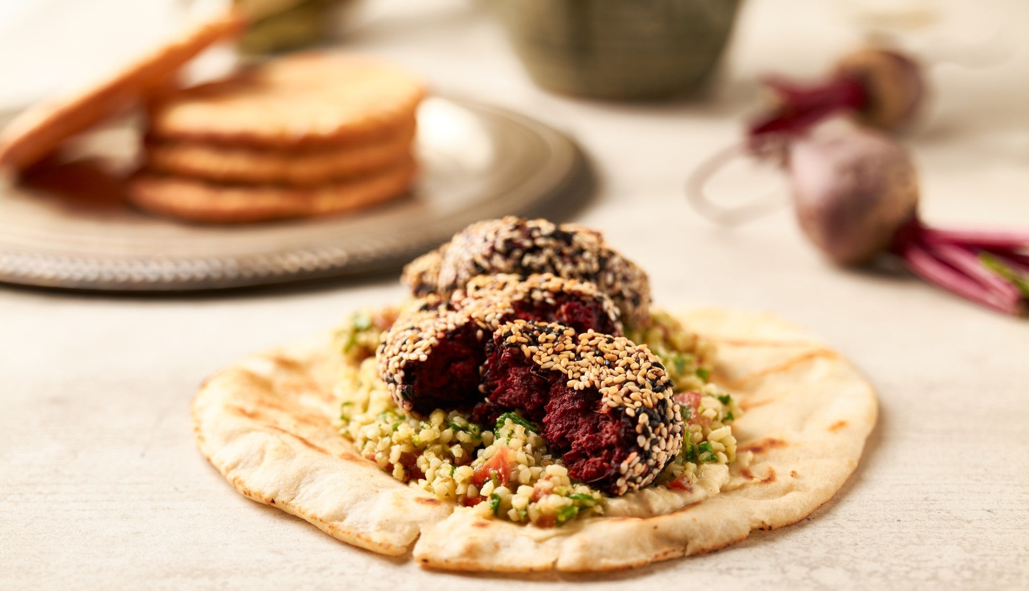 Beetroot falafel with lemon tahini